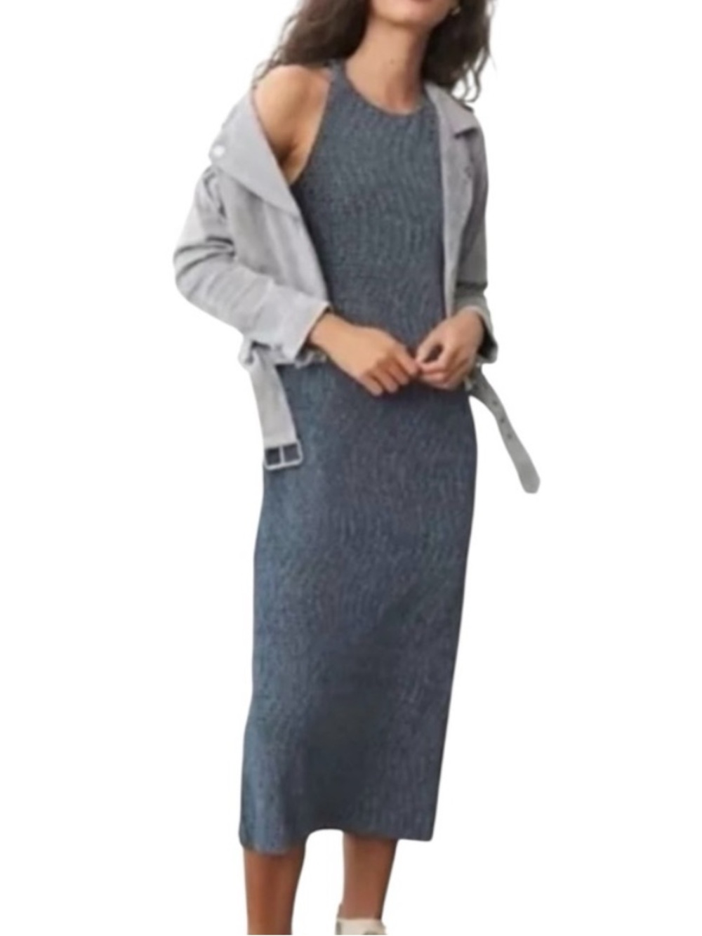 Maeve Anthropologie gray ribbed midi crossover back dress size S